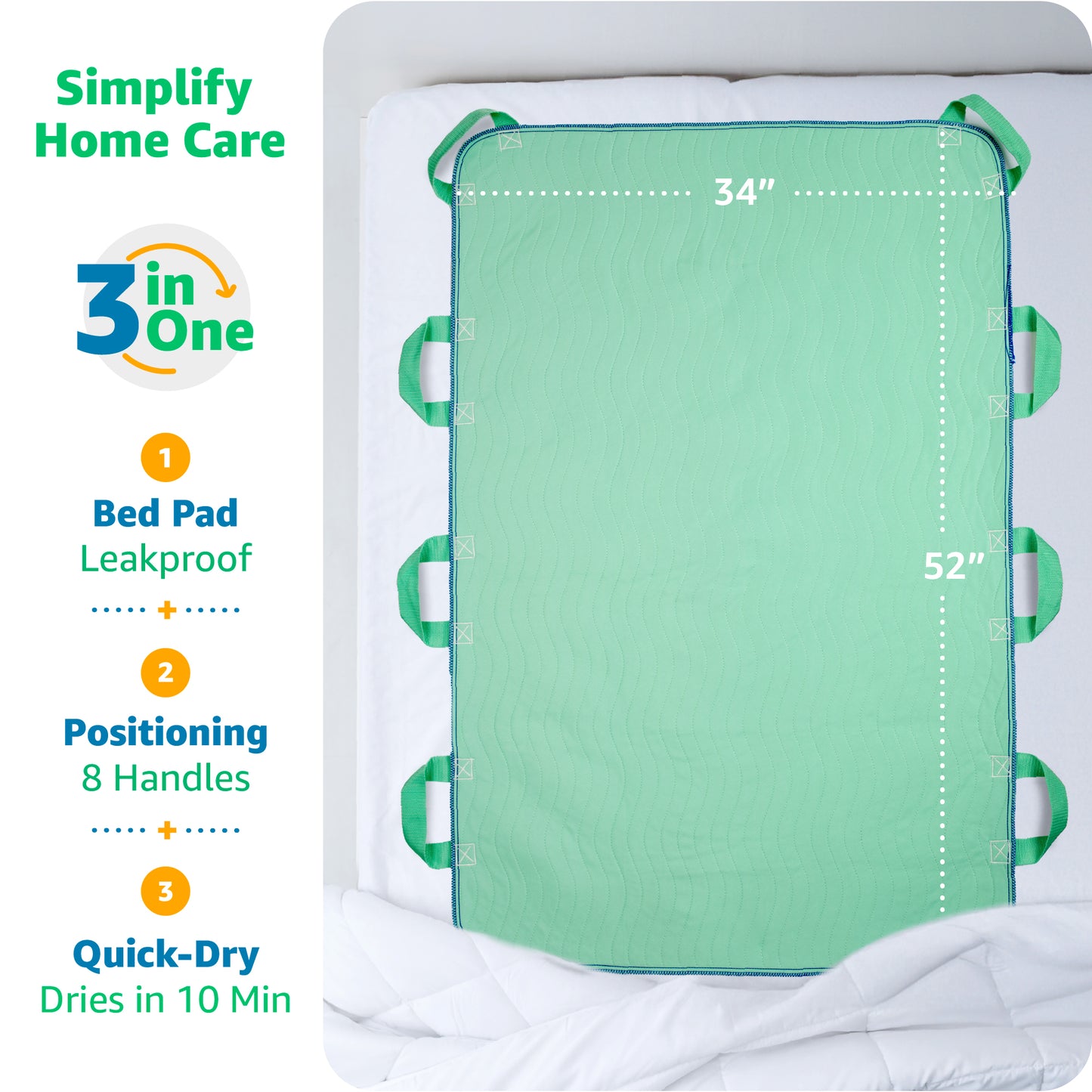 Positioning Bed Pad with Handles – Quick-Drying, Washable, Waterproof & Reusable