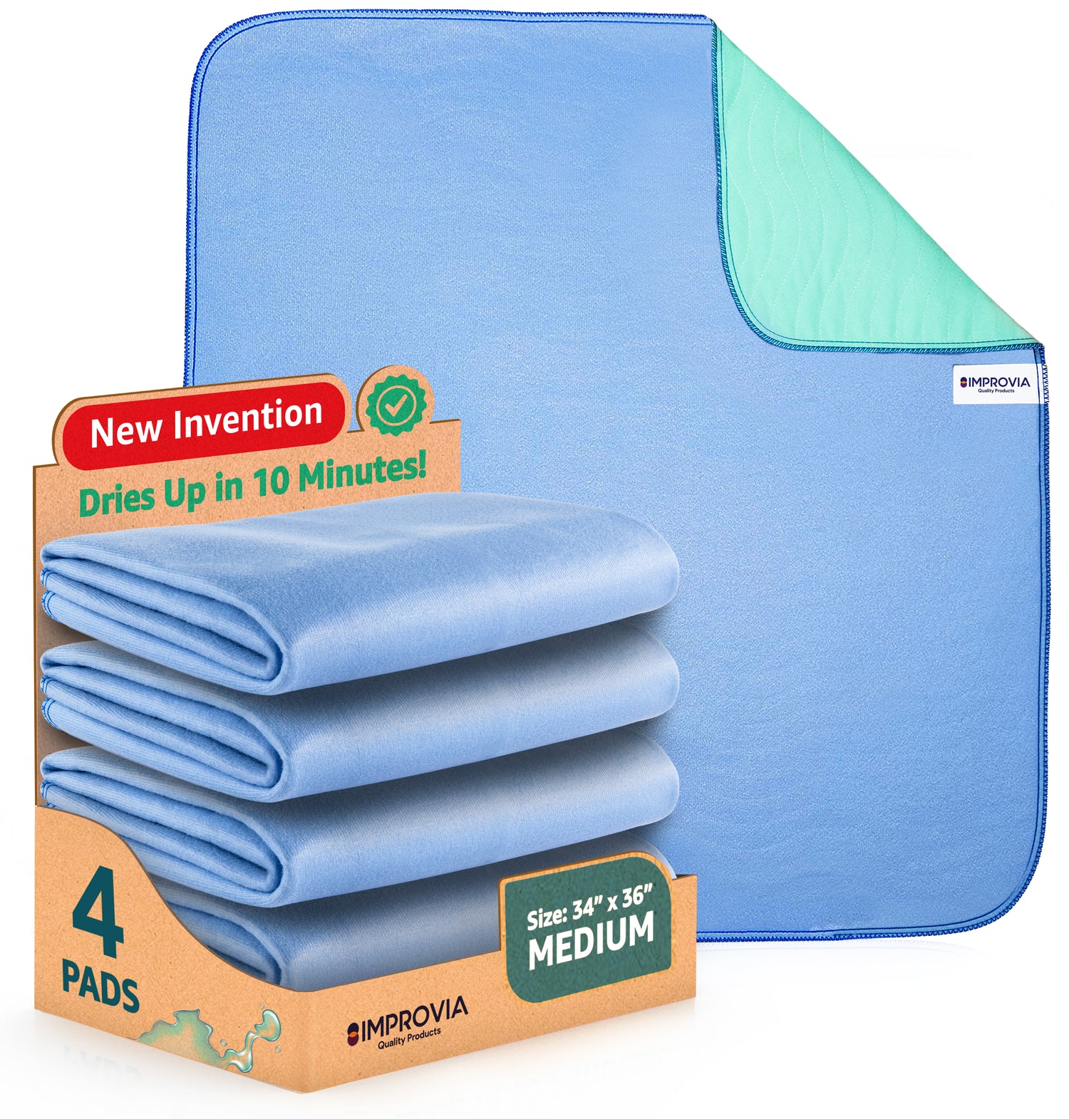 Improvia Washable Underpads, 34 x 36 (Pack of 4) - Heavy Absorbency Reusable Incontinence Pads for Kids, Adults, Elderly, and Pets - Waterproof
